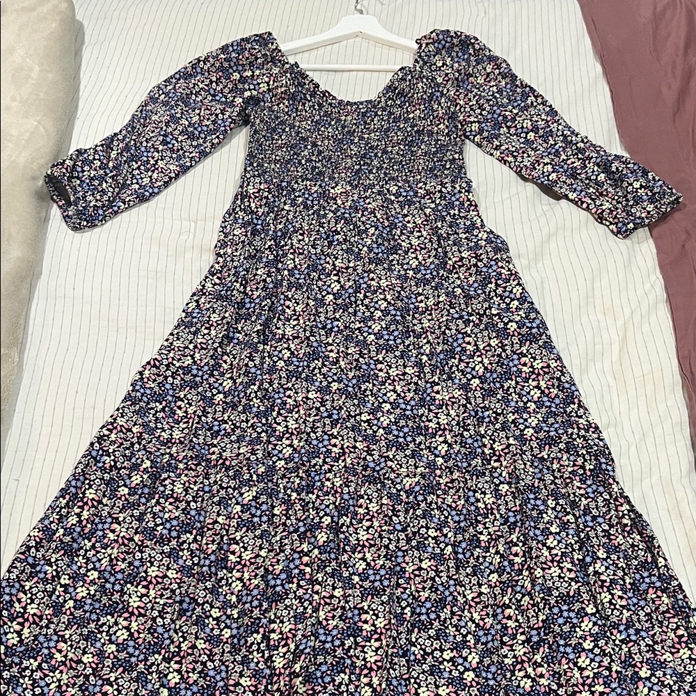 GAP Navy Floral Smocked Long-Sleeve Maxi Dress